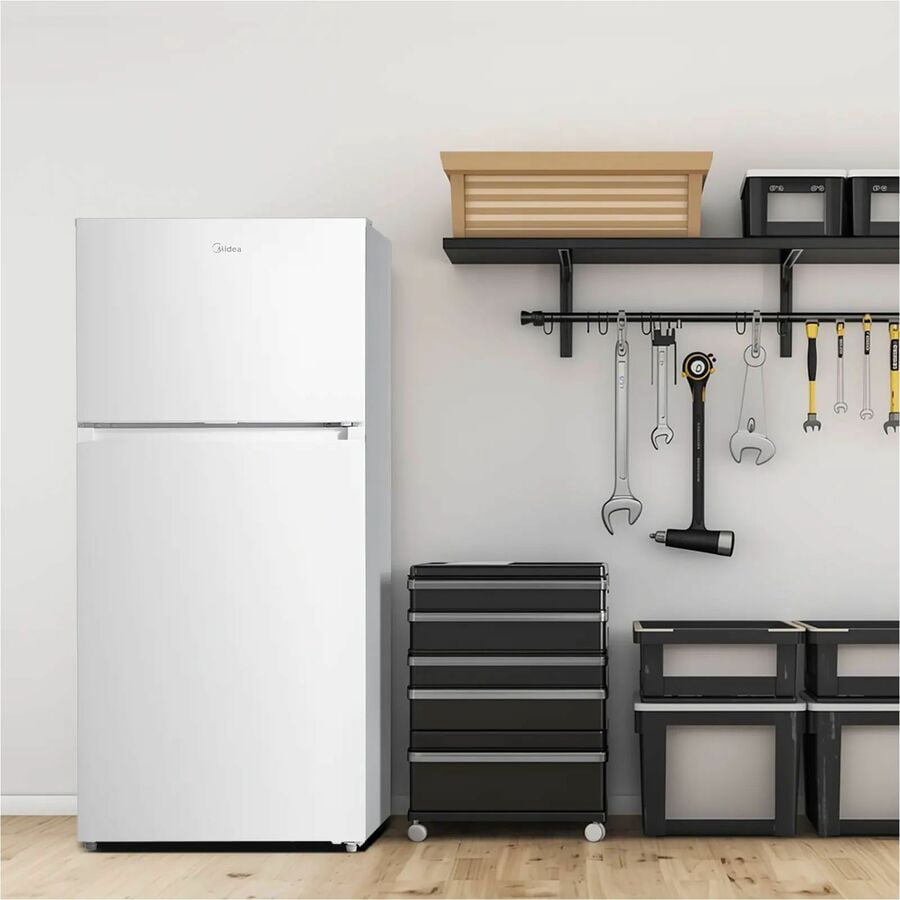 Midea MRT14D3BWW 14 Cf Top Mount Refrigerator Glass Shelves Ice Maker Ready Estar