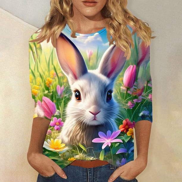 TaTaai Women's Easter Printed T Shirt 3/4 Sleeve Round Neck Casual Loose Fit Top Fashion Pullover Soft Comfortable Blouse for Spring Summer Daily Party Wear Gift