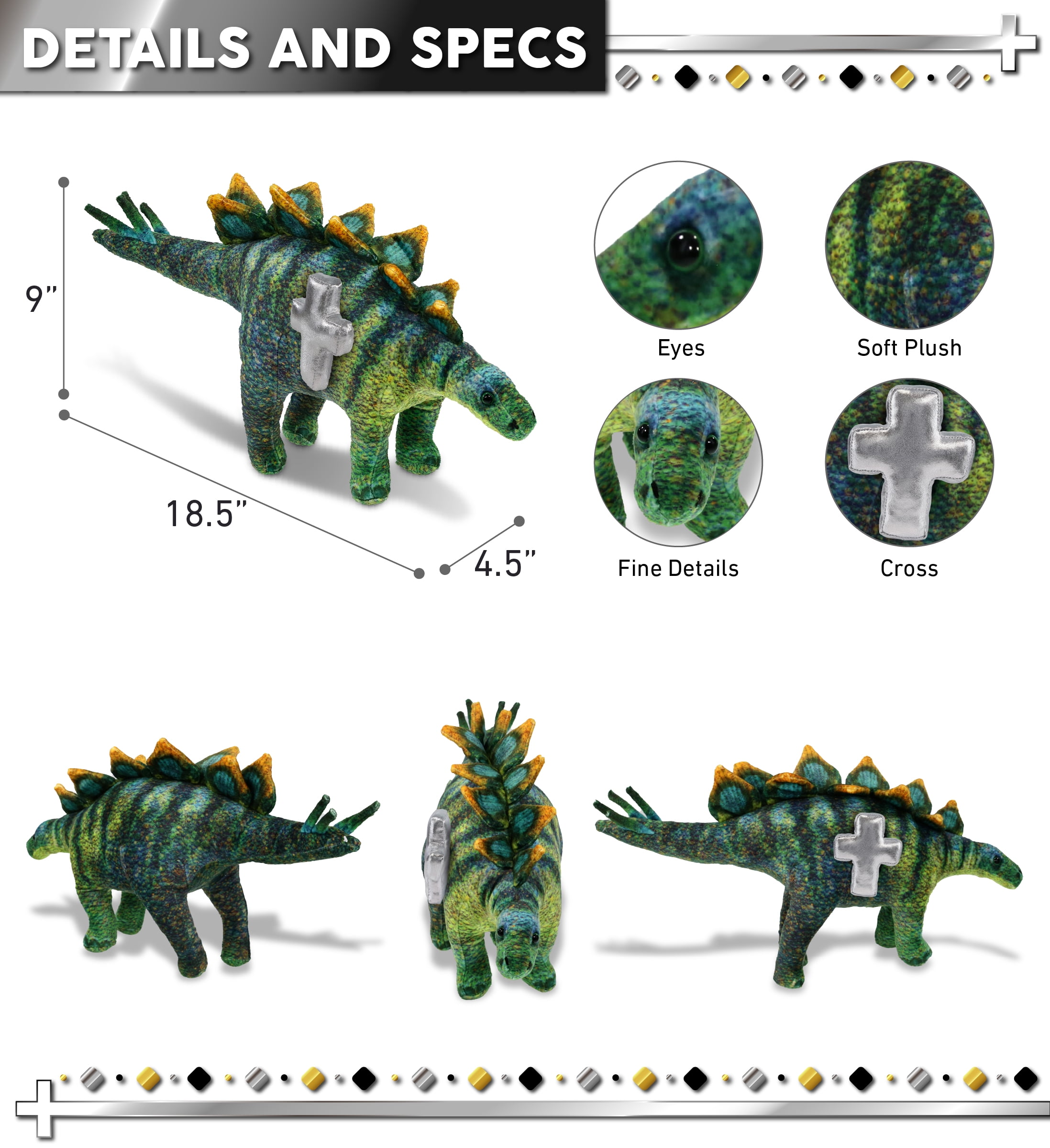 DolliBu Wild Collection Stegosaurus Dinosaur Stuffed Animal with Silver Cross Plush - Baptism Gifts for Boys and Girls, Dedication Christening Gifts Plush Prayer Toy Healing Stuffed Animal - 18.5 Inch