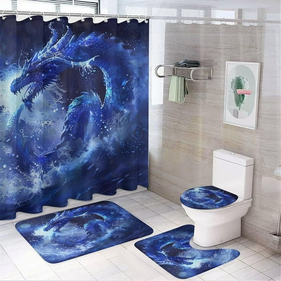 4Pcs Moon Star Dragon Shower Curtain Set with Toilet Lid Cover Non-Slip Rugs for Bathroom, Fantasy Ocean Sea Wave Shower Curtain Bathroom Sets with Hooks, 72x72 Inch