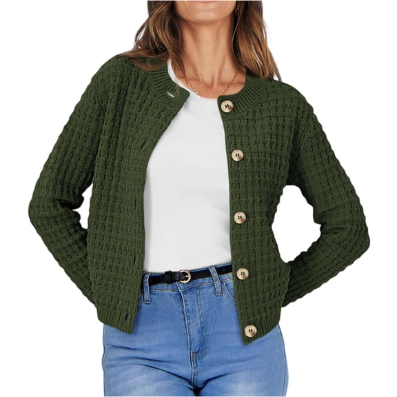 WTOBBY Women's Button-Down Knit Cardigan Casual Sweater Jacket, Solid Color Long Sleeve Open Front Coat with Soft Fabric, Cozy Layering Piece for Fall or Winter Fashion,Army Green L