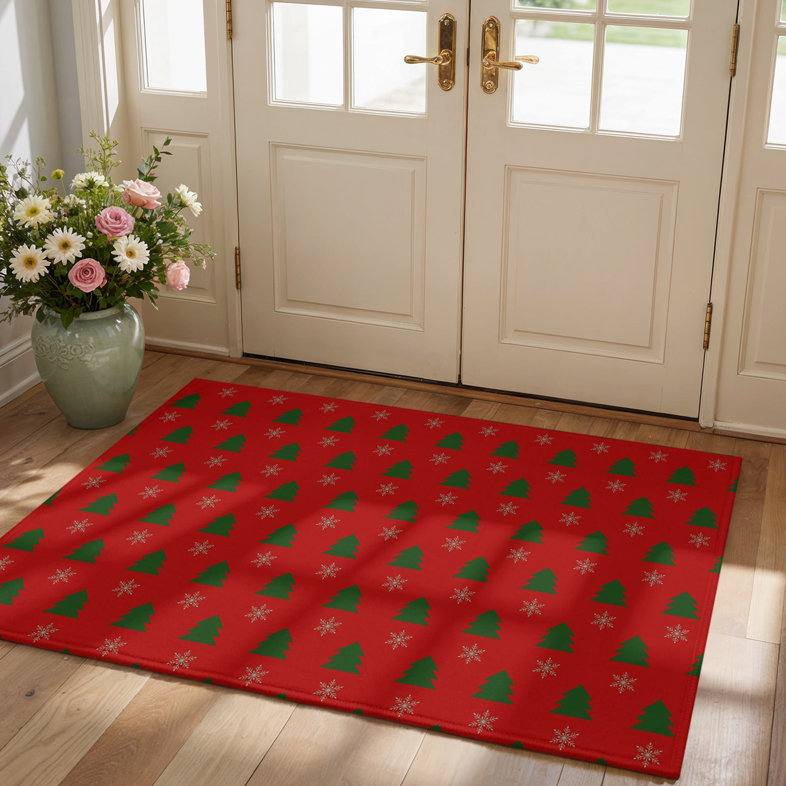 Area Rug for Living Room Christmas Tree Snowflake Washable Rug 2x3ft Soft Non-Slip Cushion Rugs Chenille Sponge Seamless Winter Snow on Red Floor Carpet for Bedroom Dining Room Office Nursery
