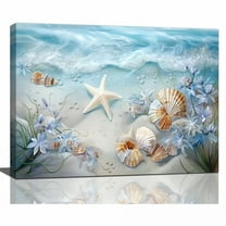 LAMIRO Beach Seashell Bathroom Wall Art Coastal Floral Pictures Wall Decor Flower Starfish Canvas Painting Modern Home Decorations Artwork for Bedroom Living Room Office Framed 16"X12"