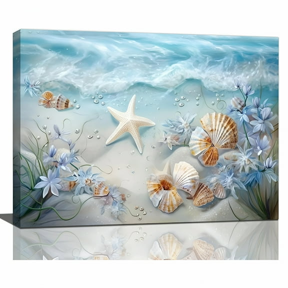 LAMIRO Beach Seashell Bathroom Wall Art Coastal Floral Pictures Wall Decor Flower Starfish Canvas Painting Modern Home Decorations Artwork for Bedroom Living Room Office Framed 16"X12"