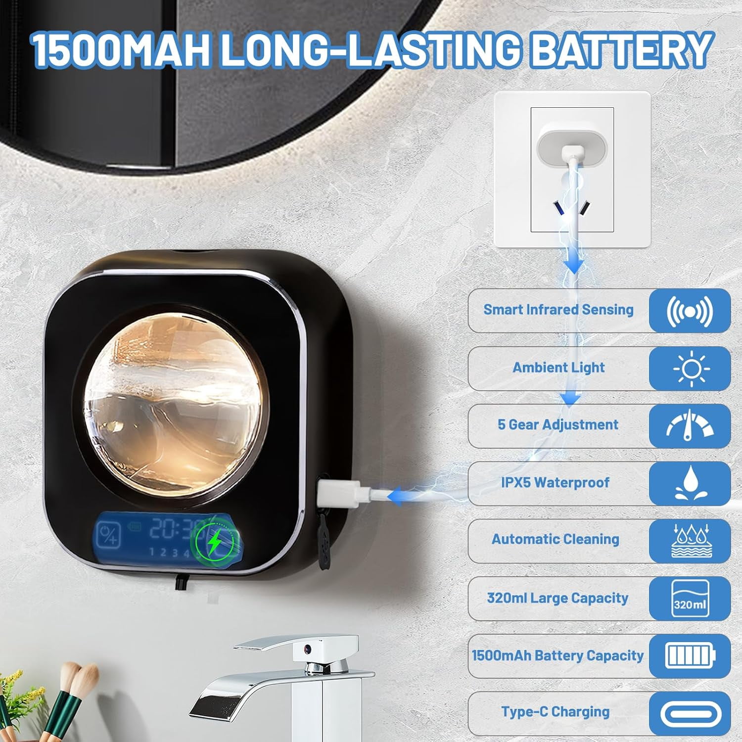 Automatic Soap Dispenser, 320ML Touchless Smart Hand Soap Dispenser, 5 Adjustable Soap Levels, Rechargeable Wall Mounted Electric Foam Soap Dispenser for Bathroom Kitchen Office