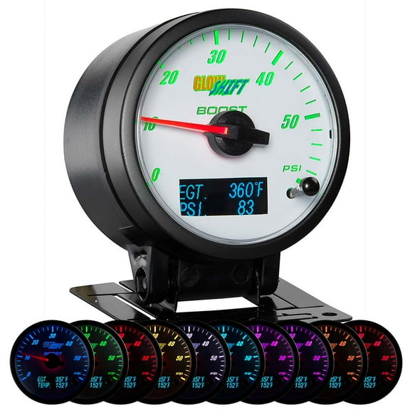 GlowShift | 3 Gauges In 1 Featuring White Analog 60 PSI Boost with Digital Pyrometer EGT & Pressure Readouts for Cars and Trucks