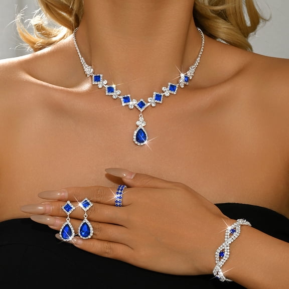 AEXTO Square Red Jewelry Sets Rhinestone Wedding Necklace Earrings Bracelet Set Prom Formal Costume Jewelry for Women and Brides