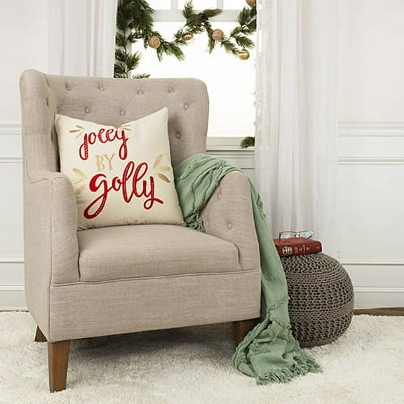 Rizzy Home Holiday Ivory/Red Sentiment - "Jolly By Golly" Cotton 20"x20" Poly Filled Decorative Throw Pillow
