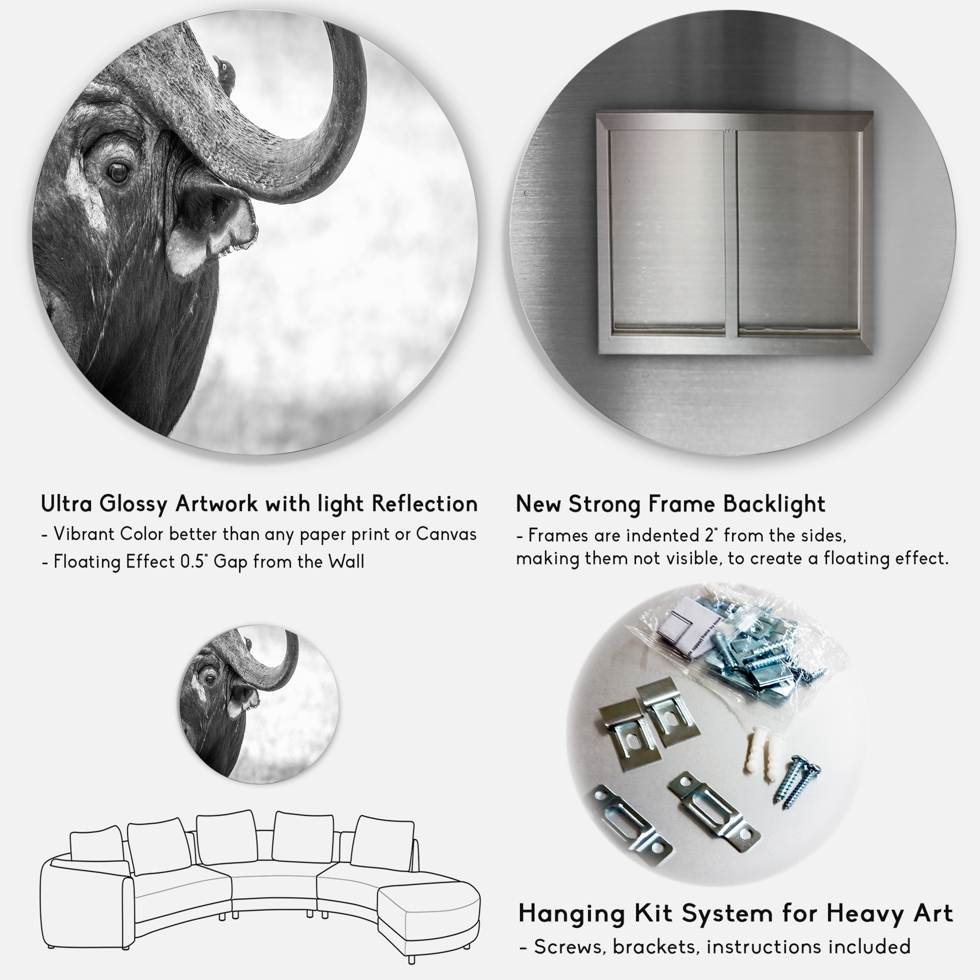 Designart 'Black and White Portrait Of Buffalo III' Farmhouse Circle Metal Wall Art 36x36 - Disc of 36