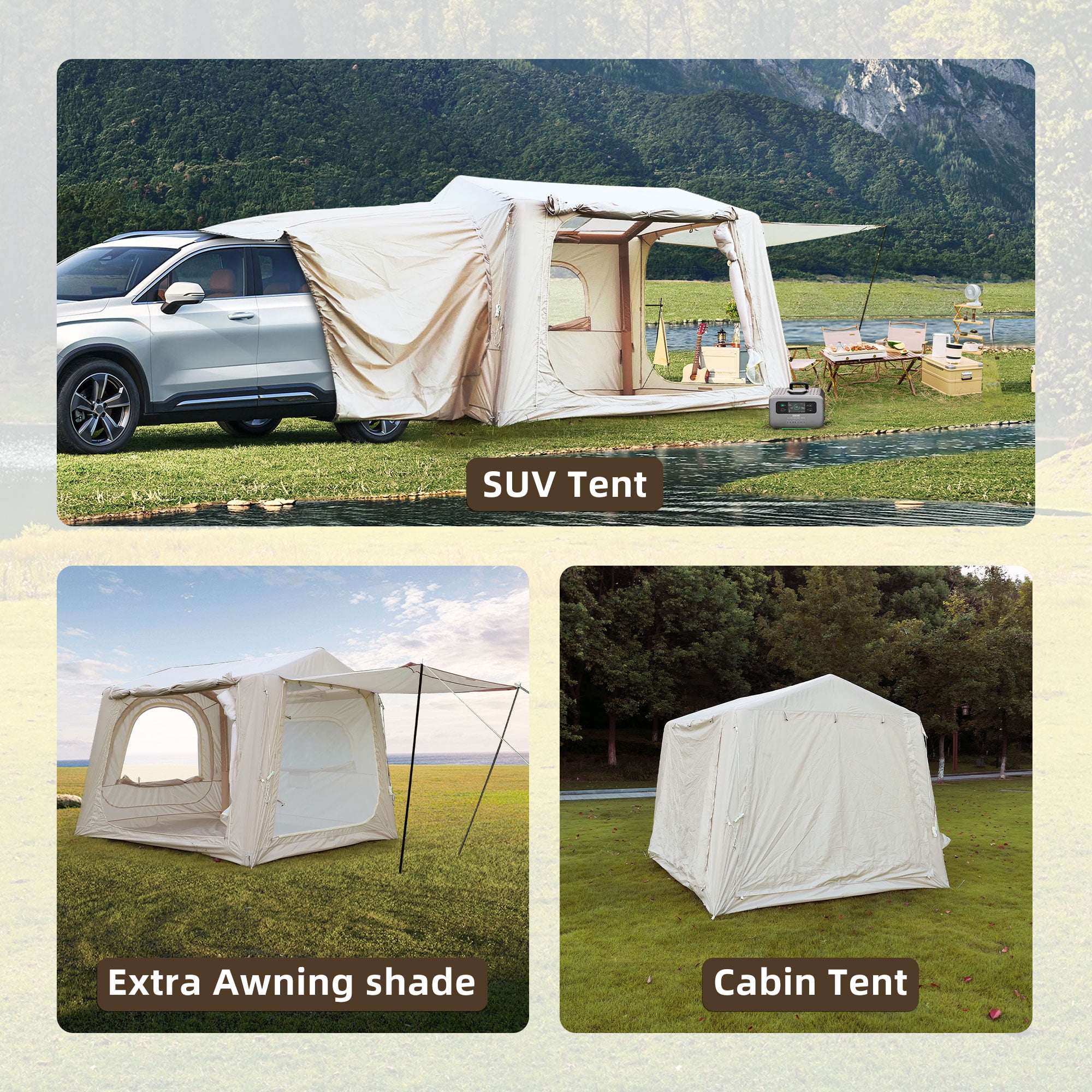 2-in-1 SUV Tailgate Tent with Air Pump, Inflatable Camping Tent 4-6 Person, Waterproof Oxford Blow Up Shelter for Car Camping & Outdoor Adventures, Beige