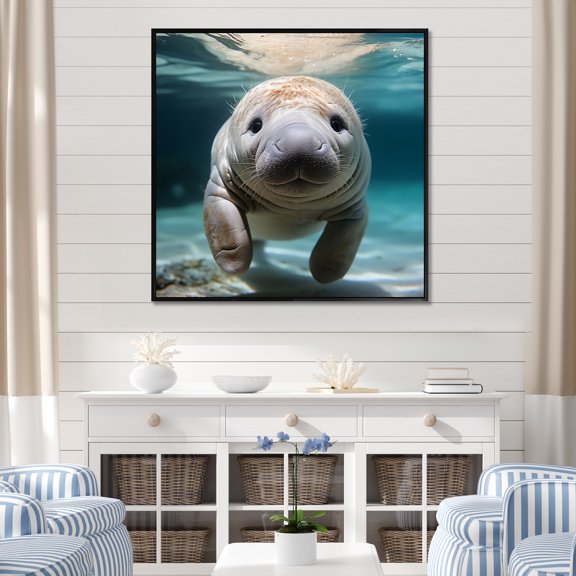 Designart "Manatee's Curious Gaze III" Animals Framed Wall Art - Blue Manatee Entryway Framed Wall Art