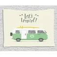 thumbnail image 1 of Camper Tapestry, Let's Travel Quote with Vintage Hippie Van Surfboard and Flower Motif, Wall Hanging for Bedroom Living Room Dorm Decor, 60W X 40L Inches, Ivory Pale Green Yellow, by Ambesonne, 1 of 2