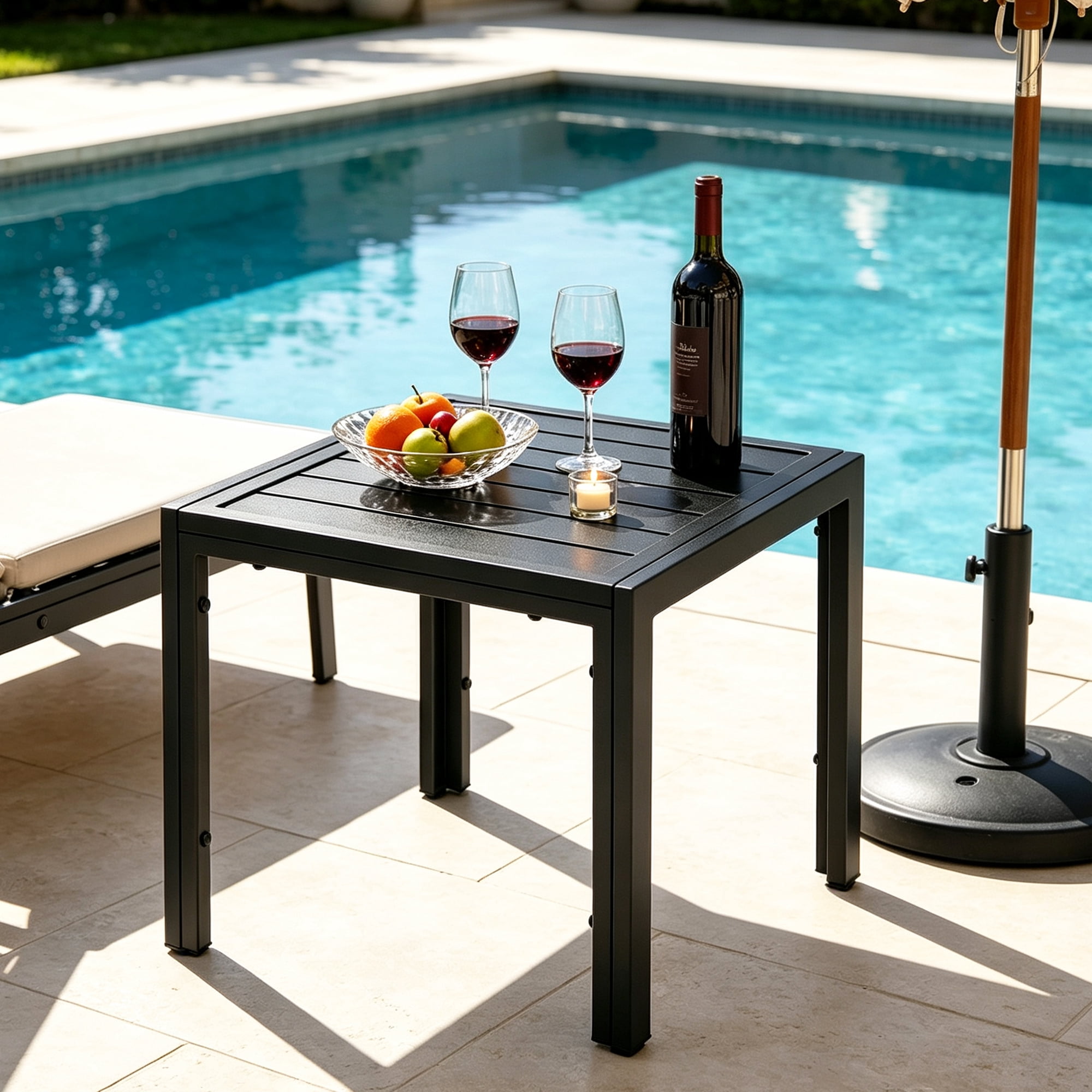 Abble 20 Inch Square Outdoor Side Table, Black Metal Patio End Table with Slatted Tabletop, Weather Resistant Steel Frame Outdoor Side Table for Garden, Porch, Deck, Backyard