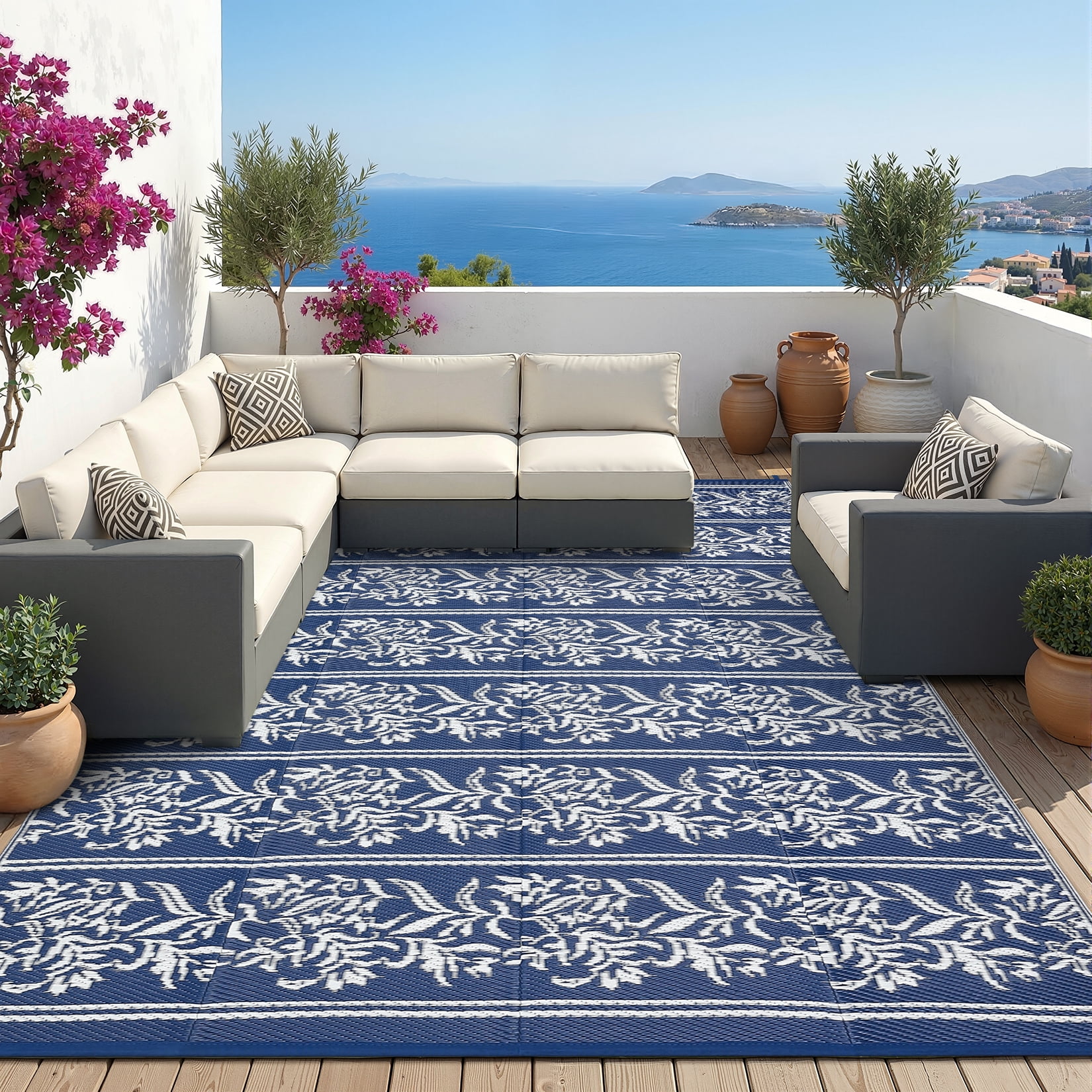 Nanan Outdoor Rug 8'x10' Waterproof Reversible Outdoor Patio Rug Plastic Straw Floral Mat for Camping Balcony Backyard RV Picnic, Dark Blue White
