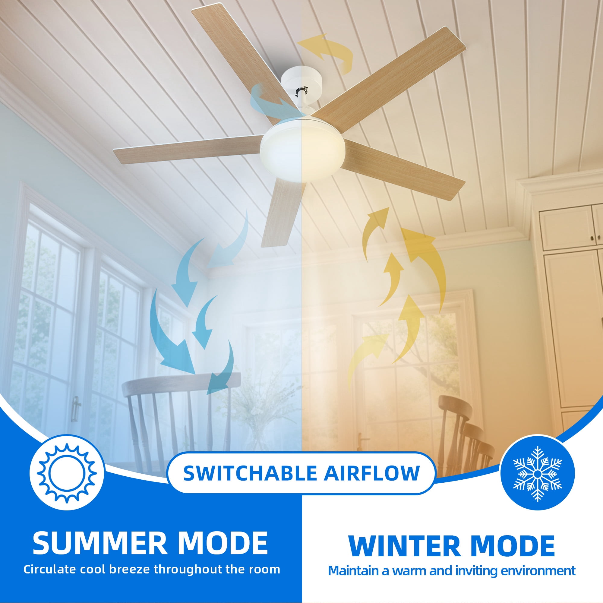 Dextrus 52" Ceiling Fan with Light and Remote Control, Modern Ceiling Fan with 6-Speed Quiet  DC Motor 5 Fan Blades