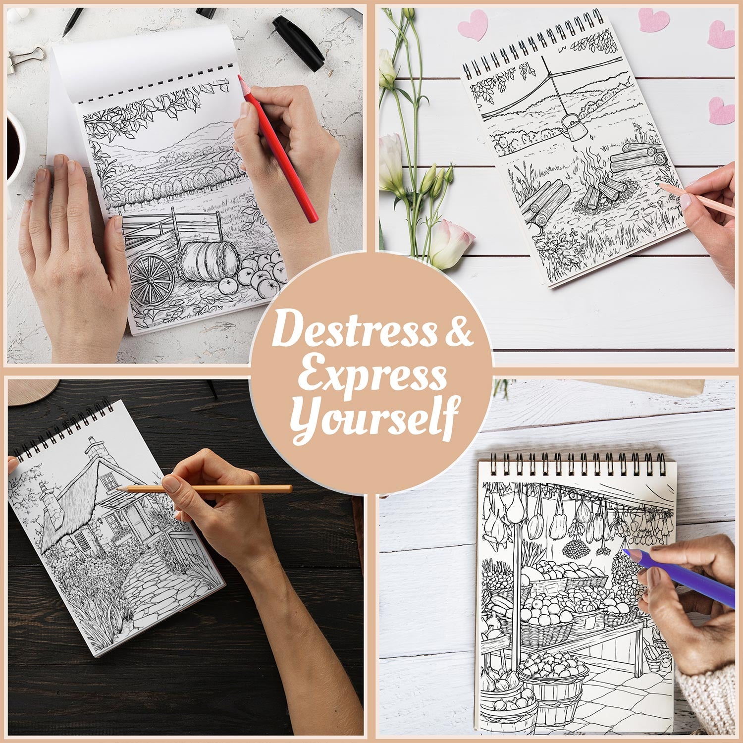 Netecom Country Coloring Book Spiral Bound for Adults, A5 Wooden Cover, 30 Rustic Coloring Pages of Beautiful Country for Stress Relief and Relaxation