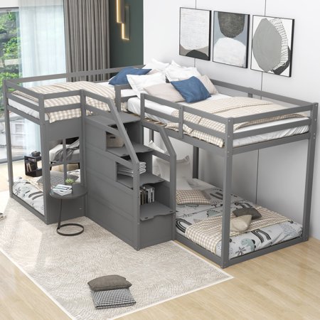 CoSoTower Twin Over Twin L-Shaped Bunk Bed With Built-In Middle Staircase  Gray