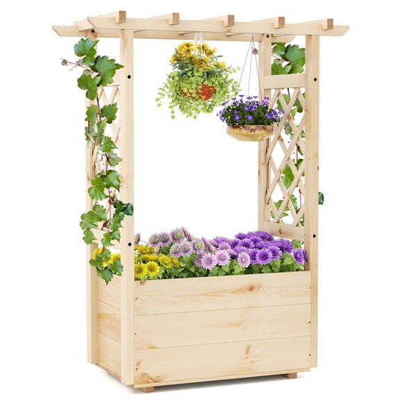 Raised Garden Bed Wooden Elevated Planter Box with Hanging Roof, Side Trellis, and Drainage Gaps
