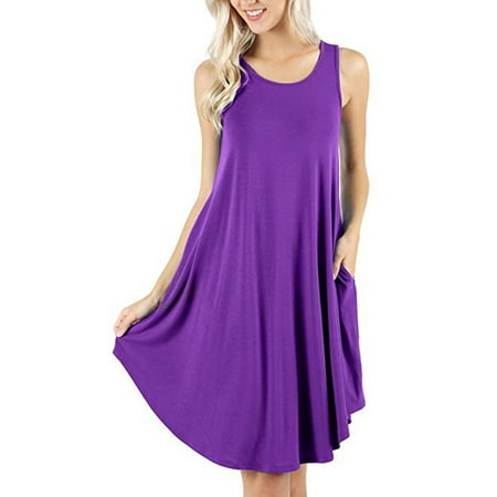 

Woman\ s Sleeveless Dress with Pockets Summer Tank Pajama Swing Long Skirt
