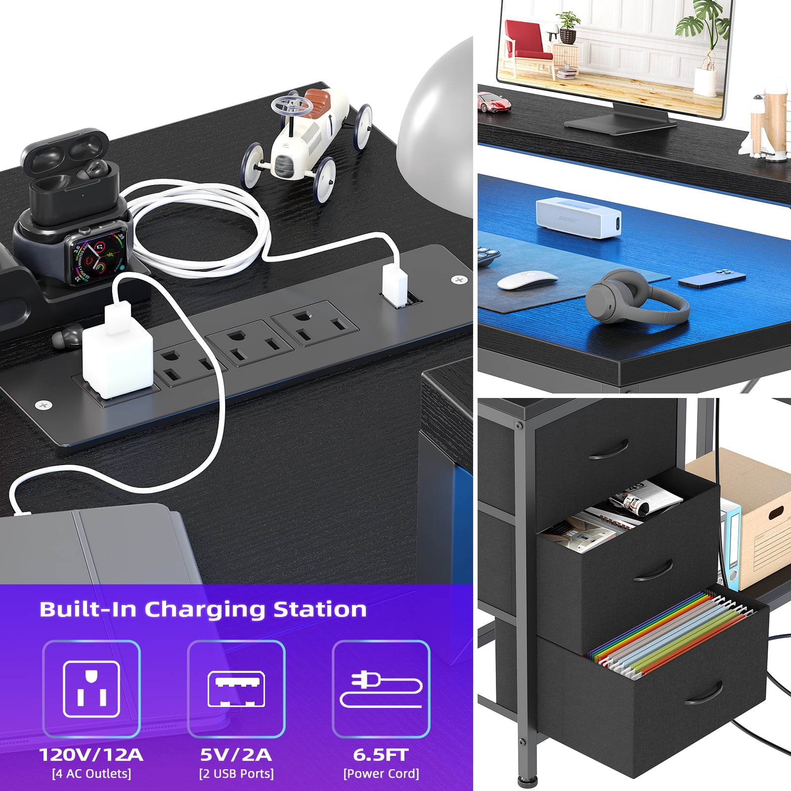 ChaoLink Reversible L - Shaped Desk: Comes with Power Outlet, LED Lights, and Monitor Stand, Perfect for Study, Writing, and Gaming (White)