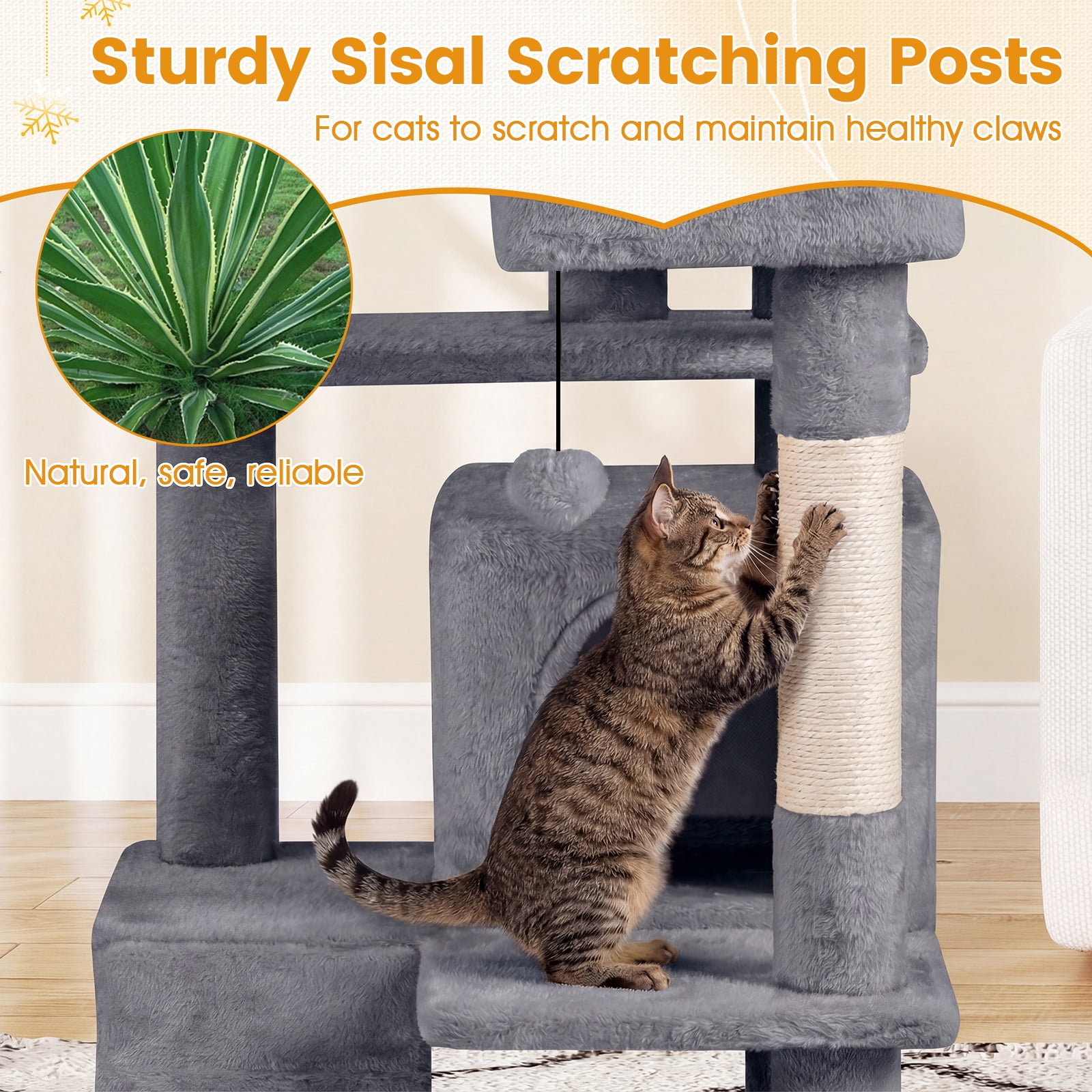 Gymax 52'' Tall Cat Tree Tower w/2 Condos Plush Padded Perch Sisal Scratching Posts Light Gray
