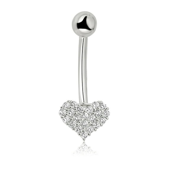 AVORA 10K White Gold Simulated Diamond CZ Pave Heart Belly Button Ring Body Jewelry (14 Gauge)