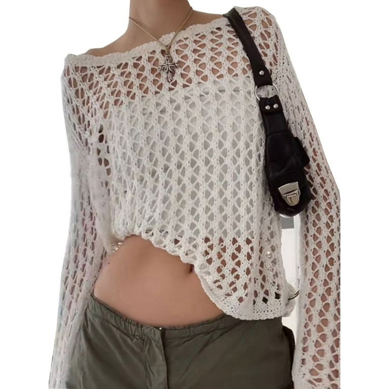 wybzd Women Hollow Out Crochet Sweater Vintage Smock Knit Pullovers Fishnet Bathing Suit Cover Ups Swimwear White M