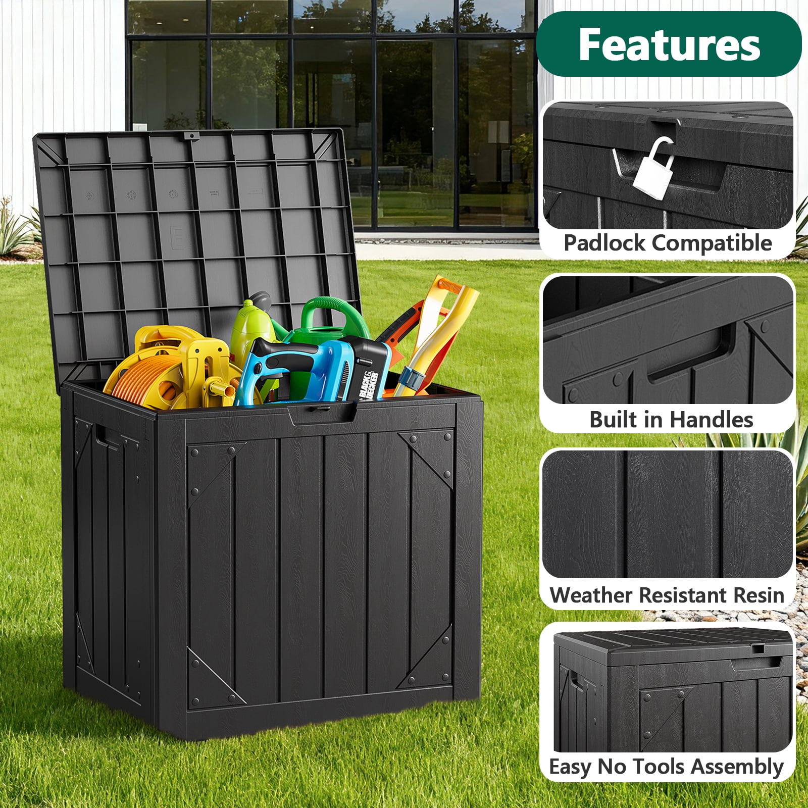 HaiCube 30 Gallon Lockable Resin Deck Box,Waterproof UV Resistant Outdoor Storage Bin with Lid for Patio,Garden & Pool Accessories,Black