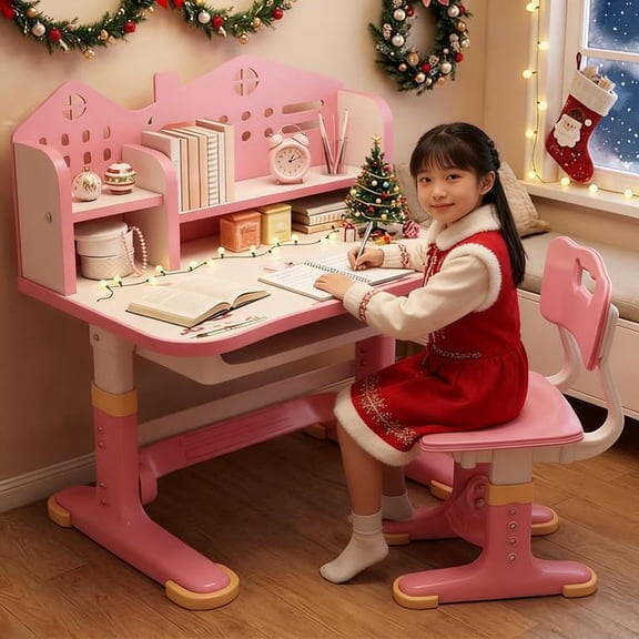 Kids Functional Desk and Chair Set,Ergonomic Height Adjustable Children School Study Desk with Large Desktop,Book Stand,Bookself,Metal Hook and Storage Drawer for Boys Girls Christmas Birthday Gifts