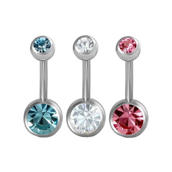 Body Jewelry Women's Stainless Steel 14 Gauge Multicolor Crystal Belly Rings, 3 Pack