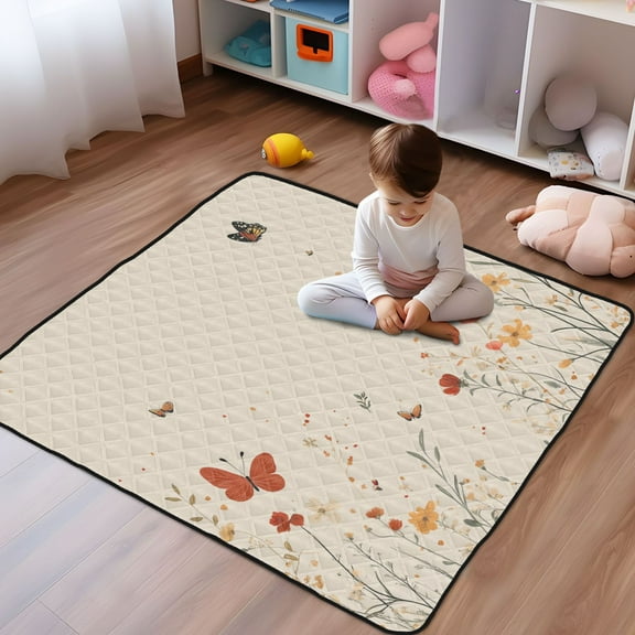 WOBOGO Butterfly Wildflower Pictures Baby Playmats Extra Large Waterproof Rollable Activity Pads for Toddlers 50×50inch