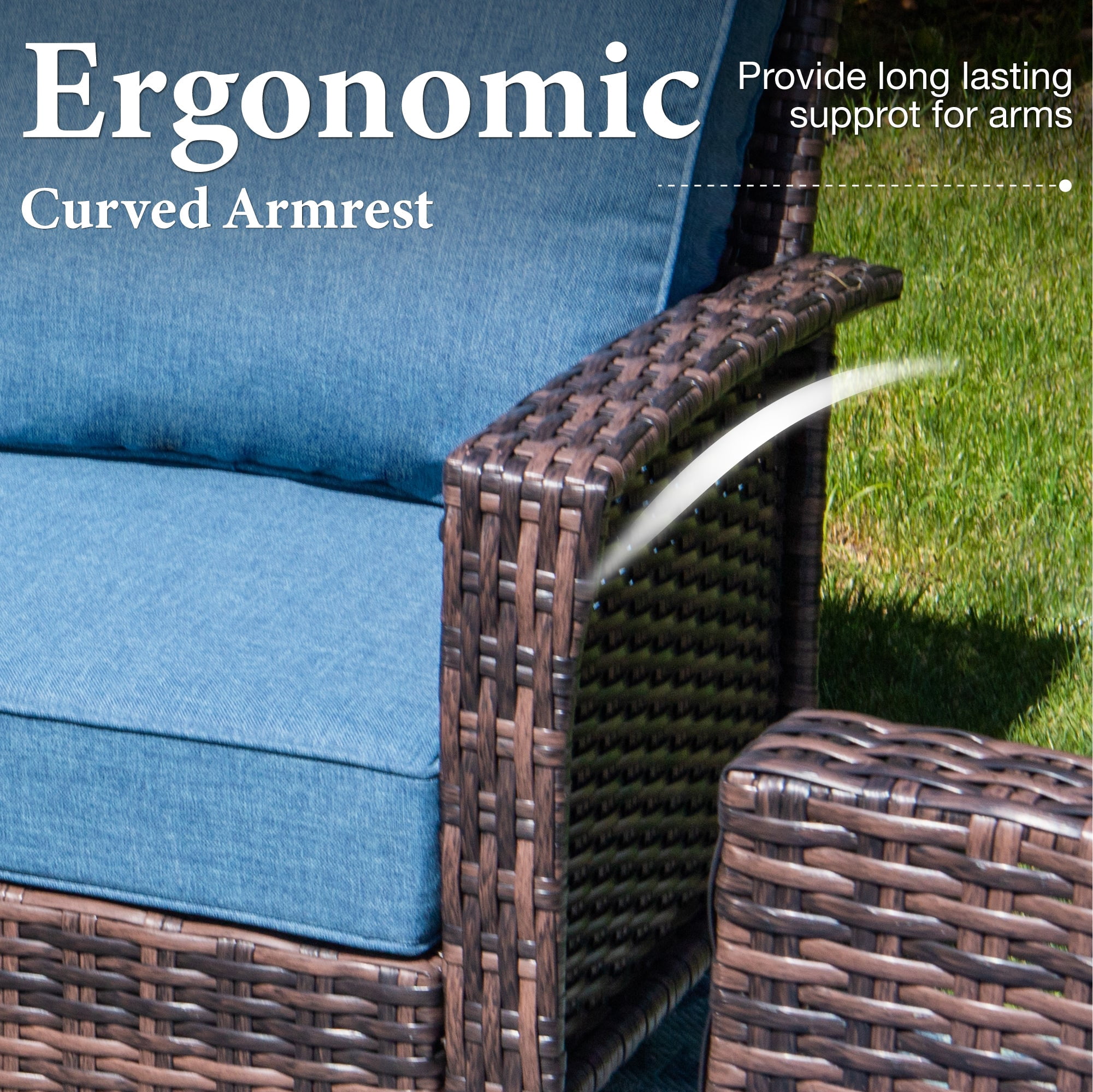SUMMIT LIVING 7-Seat Patio Furniture Set with 56" Gas Fire Pit Table (50,000 BTU), Wicker Sectional Outdoor Conversation Set with Swivels Chairs, Navy blue