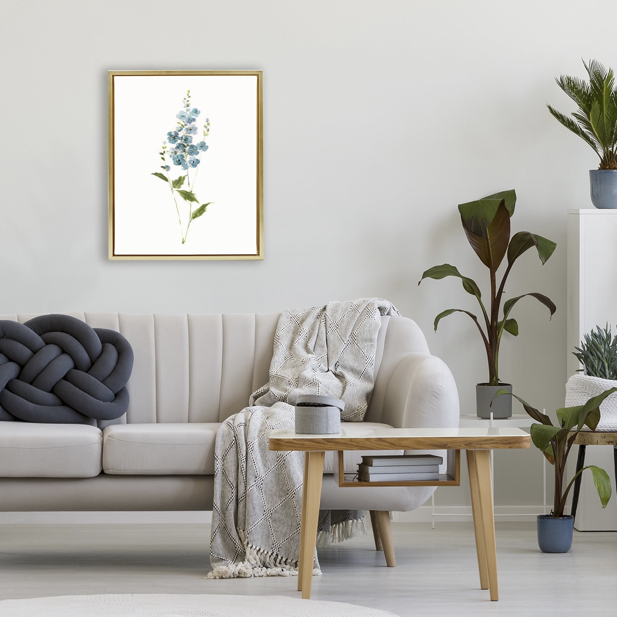 Stupell Industries Delicate Blue Sprigs Gold Framed Floater Canvas Wall Art, design by Sally Swatland