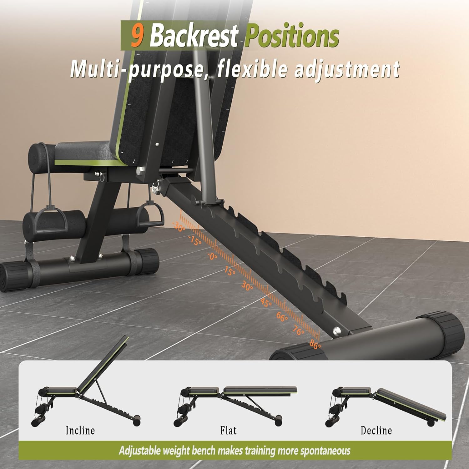 Adjustable Weight  for Home Gym, Foldable 700LBS Workout  with 9 Backrests, Multi-Purpose  Press for Incline Decline Flat with Fast Adjustment (2 resistance bands)