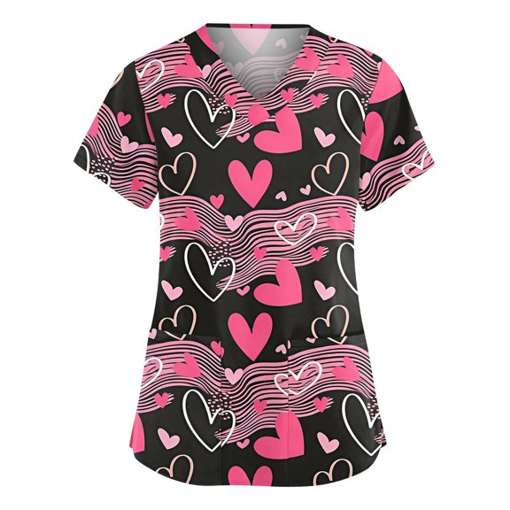 Minjewel Women's V-Neck Workwear Blouse Short Sleeve Pocket Top Heart Print Side Slit Nurse Uniform Casual Summer Tee,Black L