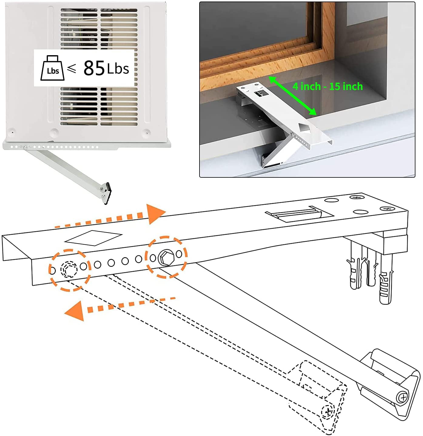 Window Air Conditioner Support Bracket,Relieves Weight Stress On The Window Frame A/C Safe Support Bracket Installs From Inside the House Built-in bubble level window AC Mount Bracket up to 85lbs