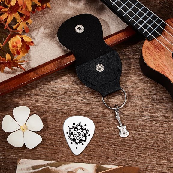 Music Gifts for Guitarist One-side Engraved Symbol Stainless Steel Guitar Pick Keychain Leather Holder Plectrum Set for Musician Lover Birthday Christmas Gifts