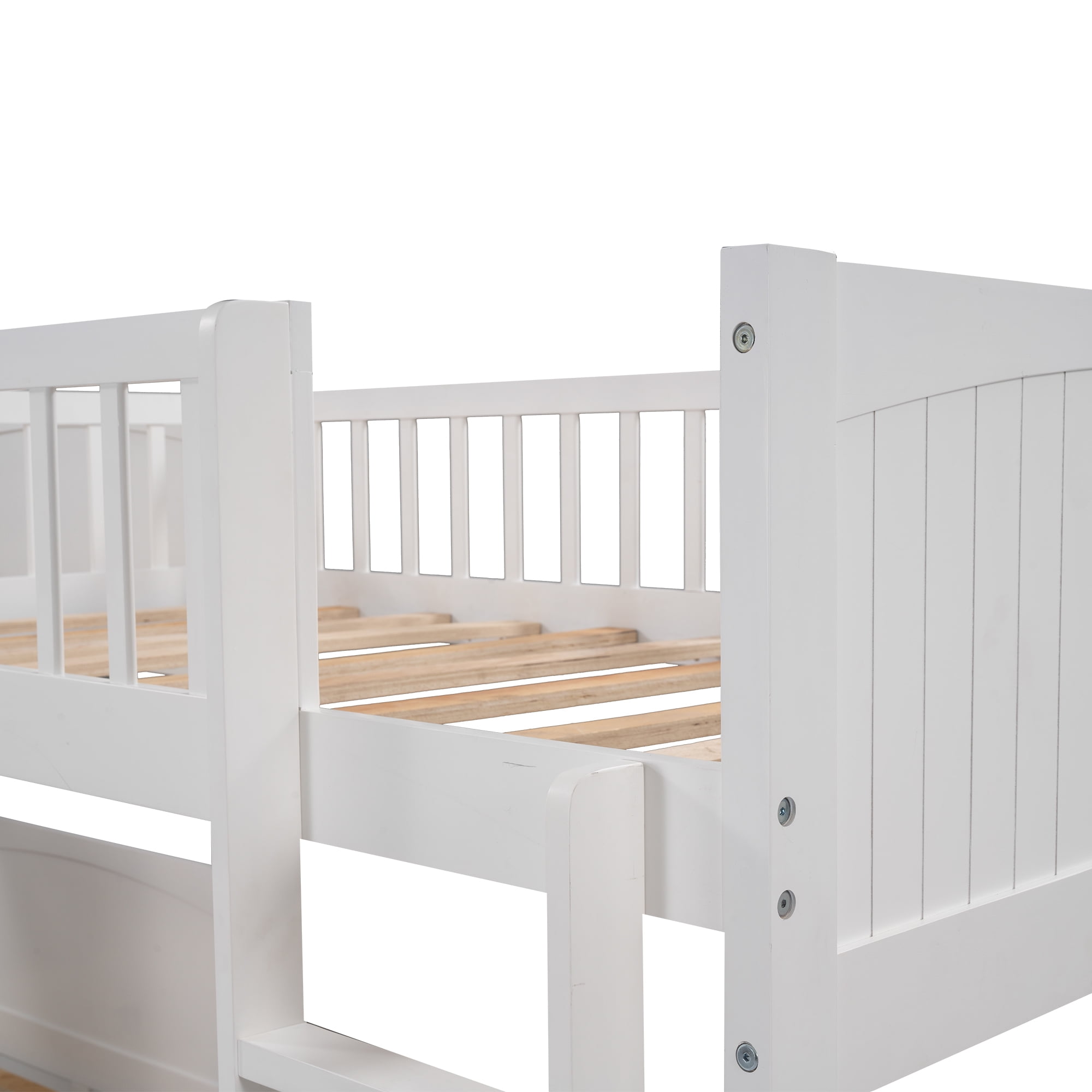 Euroco Twin Size L-Shaped Wood Triple Bunk Bed with Drawers for Kids Teens Bedroom, White