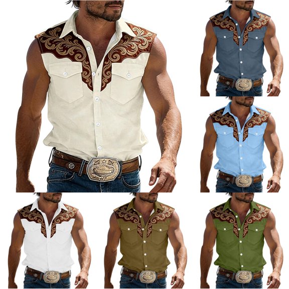 XIAONU Men's Embroidered Western Shirts Point Collar Sleeveless Button‑Up Vests Relaxed Fit Cowboy Vests