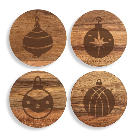 Set of 4 Drink Coasters with Holder Gift Christmas Ornament Collection (Acacia Wood)