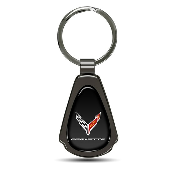 iPick Image for Chevrolet Corvette C8 Black Dome Gunmetal Black Metal Teardrop Key Chain, Official Licensed