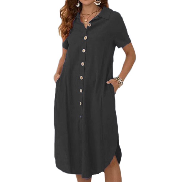 Frontwalk Ladies Midi Dresses Lapel Shirt Dress Long/Short Sleeve Party