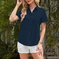 thumbnail image 6 of Olyvenn Linen Shirts for Women Button Down Shirts Short Sleeve Cotton Collared V Neck Solid Casual Blouses with Pocket Navy XL, 6 of 8