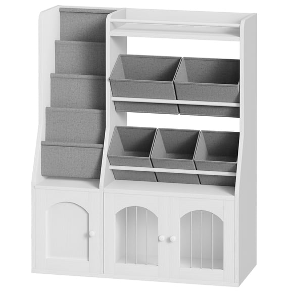 Kids Toy Organizer with 5 Fabric Bins and 5-Tier Hanging Rack, Toy Storage with Elastic Doors and Guardrail, Bookshelf for Playroom, Nursery, Classroom, White and Gray WG99CW01
