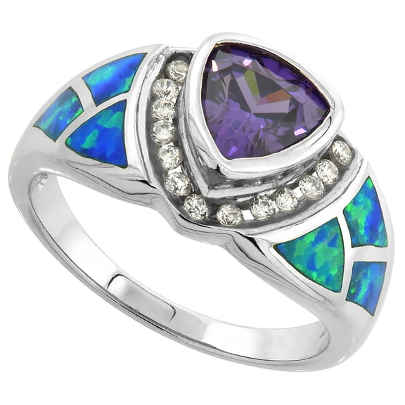 925 Silver Synthetic Blue Opal Trillion Cut White CZ Amethyst Dome Ring 12mm