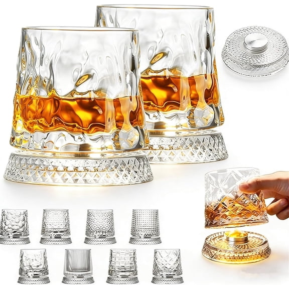 JKCCZLL Whiskey Glasses 2 Pcs Rotatable Crystal Glass Cups, 360° Spinning Whiskey Tumbler with Stable Base, Old Fashioned Glass for Scotch Bourbon Cocktails, Drinking Glasses for Home Bar Gift