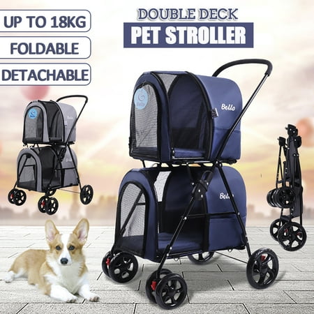 Foldable Double Deck Pet Stroller Dog Cat 4 Wheel Detach Carrier Jogger