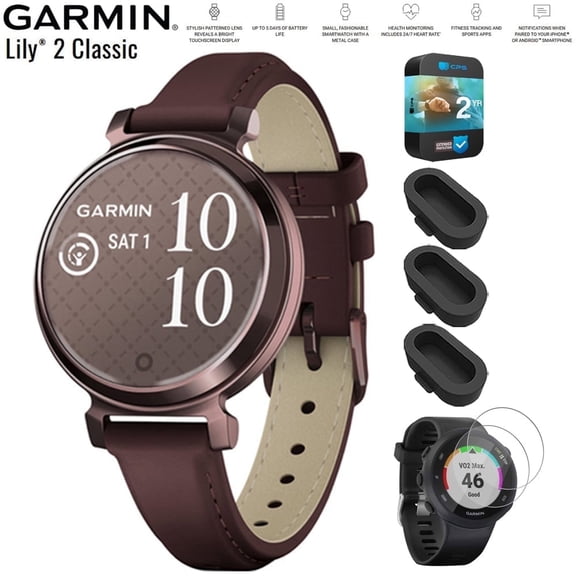 Garmin 010-02839-03 Lily 2 Classic Dark Bronze with Mulberry Leather Band Smartwatch Bundle with Dust Cover 3 Pack, Tempered Glass Screen Protector 2 Pack and 2 YR CPS Enhanced Protection Pack