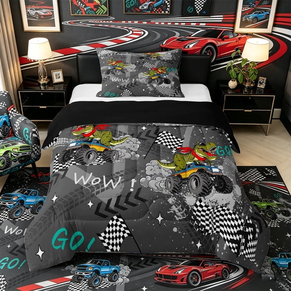 Castle Fairy Dinosaur Monster Truck Twin Comforter Sets 3-Piece for Toddlers, Racing Flag Print Bedding Set for Playroom, Gray Green,Black Reversible