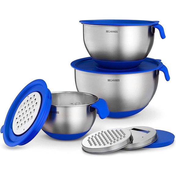 Mixing Bowls with Lids Set of 3, Stainless Steel Nesting Bowls with Blue Airtight Lids, Non-Slip Base, Graters & Handle - Prep, Mixing, and Food Storage Bowls